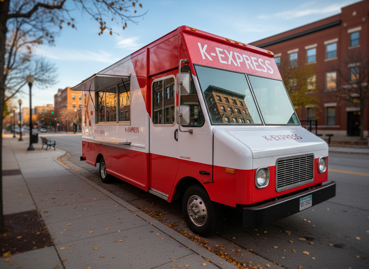 A sleek, modern Korean food truck wrapped in glossy red and white graphics that read “K-Express” in bold, clean lettering, parked on a tidy Minneapolis city street. Stainless-steel service windows are closed, reflecting nearby brick buildings and a clear blue sky. The truck is framed by a neat curb and a dusting of fallen autumn leaves, with no people present. Captured in photographic realism at eye level with a subtle wide-angle lens, under soft late-afternoon natural light that casts gentle, long shadows. The mood is professional and inviting, emphasizing reliability and quality. The composition uses the rule of thirds, with sharp focus on the truck and a slightly blurred, understated urban background for a clean, modern aesthetic.