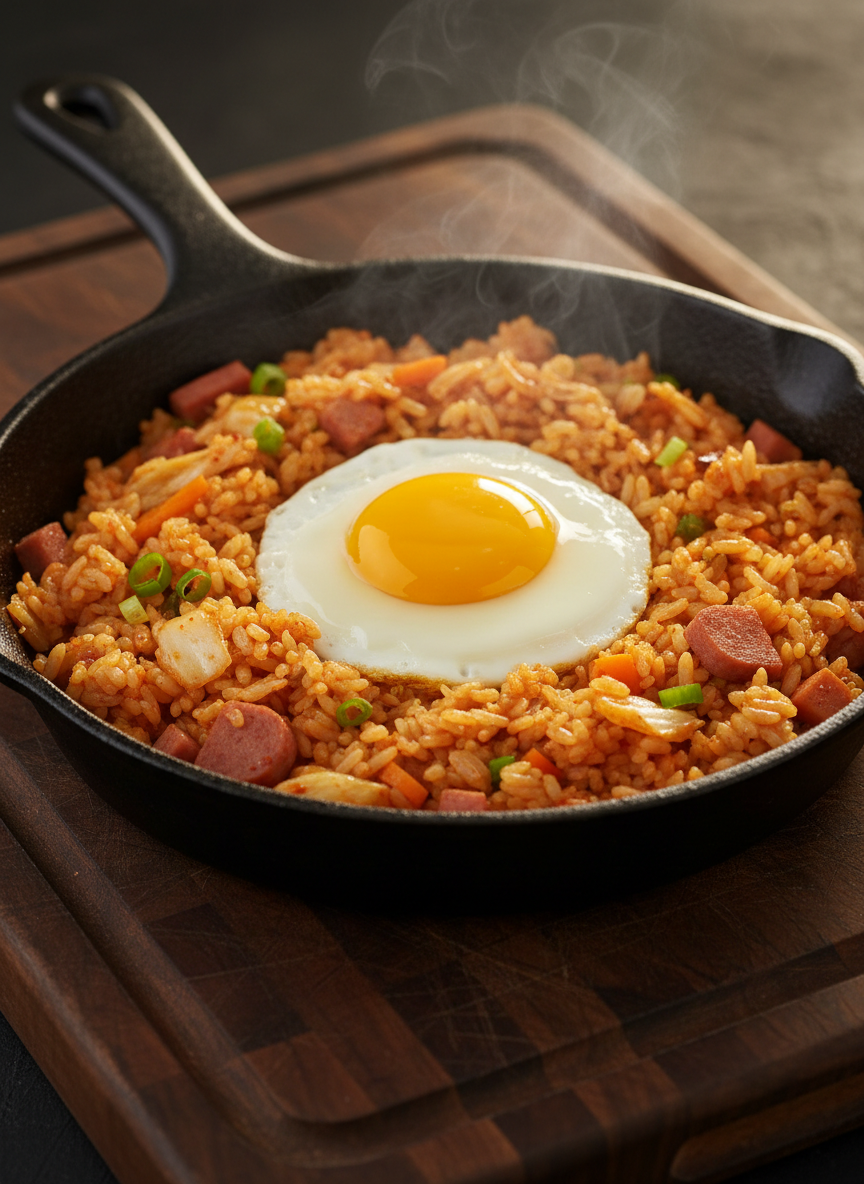A tight, photographic realism shot of a black cast-iron skillet filled with sizzling kimchi fried rice, grains tinted a rich orange-red and speckled with bits of kimchi and diced vegetables. On top sits a perfectly cooked sunny-side-up egg with a glossy, intact yolk and slightly crispy edges. Fine steam curls upward, barely visible against a dark, understated background. The skillet rests on a sturdy wooden board with visible knife marks, suggesting frequent use. Warm, directional lighting from the side creates dramatic highlights on the egg yolk and subtle reflections in the oil, with soft shadows adding depth. Captured from a slightly elevated angle, with shallow depth of field focusing on the egg and center of the skillet, the mood is hearty, comforting, and crafted with care, aligning with a professional yet cozy street-food vibe.