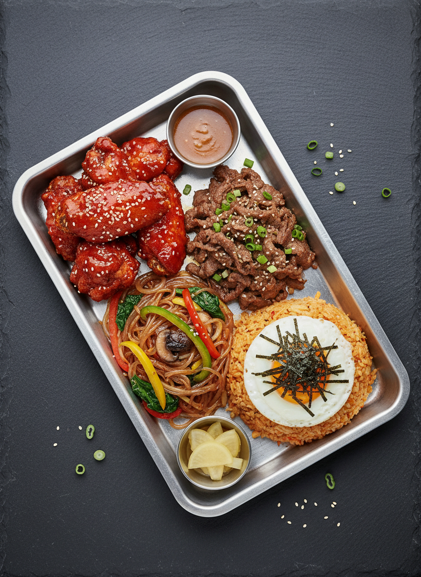 An overhead photographic view of a rectangular metal tray neatly arranged with signature Korean dishes: twice-fried chicken wings glazed in sticky, deep red gochujang sauce, glossy beef bulgogi with sesame seeds, translucent japchae noodles with colorful bell peppers, and golden kimchi fried rice with nori strips. Small stainless sauce cups hold soy-garlic dip and bright pickled radish. The tray rests on a dark, matte slate surface with faint texture, surrounded by minimal garnish like scattered sesame seeds and green onion slices. Illuminated by soft studio lighting from above, the food appears vibrant and crisp, with subtle highlights on the sauces. The mood is appetizing and professional, using shallow depth of field to keep the tray in sharp focus while the edges melt into a gentle bokeh for a clean, modern, menu-style presentation.