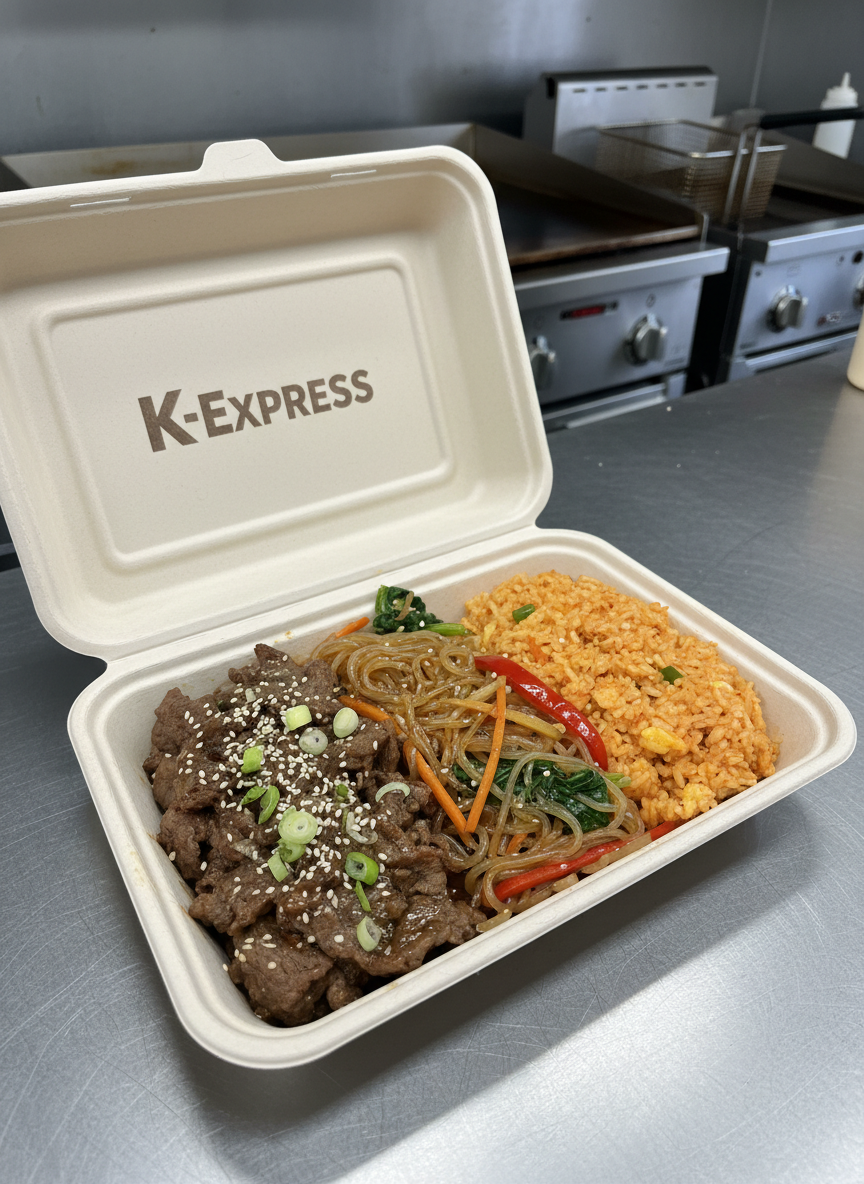 A rectangular compostable takeout box made of natural, unbleached fiber, opened to reveal neatly arranged beef bulgogi, japchae, and fried rice from K-Express. The bulgogi is caramelized and glistening, topped with sesame seeds and finely sliced green onions. Beside it, glossy sweet-potato noodles are interlaced with carrot, spinach, and red pepper, and a portion of kimchi fried rice shows flecks of egg and kimchi. The box rests on a clean stainless-steel counter, hinting at a professional truck kitchen with blurred outlines of metal equipment in the background. Photographic realism with cool, even overhead lighting creates a crisp, hygienic look. Shot from a slightly elevated three-quarter angle, with balanced composition and sharp focus throughout, the mood is efficient, fresh, and professional, perfect for showcasing a high-quality food truck meal to-go.
