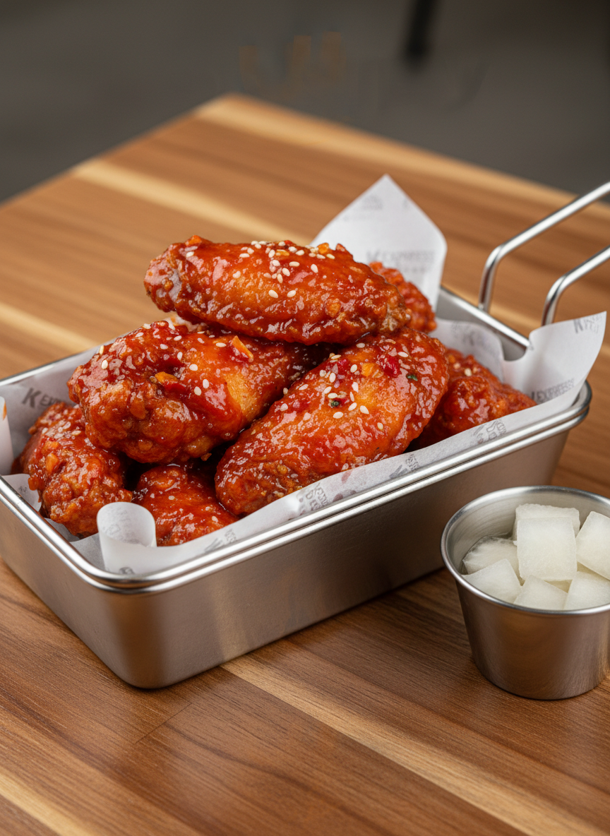 A close-up, photographic realism shot of Korean fried chicken wings resting in a small, rectangular metal basket lined with crisp white parchment branded faintly with the K-Express logo. The wings are coated in a glossy, sticky red sauce with visible chili flakes and a dusting of sesame seeds, their craggy texture sharply defined. The basket sits on a warm wood tabletop with visible grain, beside a small stainless-steel cup of pale pickled radish cubes. Soft, diffused overhead lighting creates enticing highlights on the sauce and gentle shadows beneath the basket. The composition is slightly angled, emphasizing texture and sheen, with a shallow depth of field that keeps the wings in pin-sharp focus while the background falls into a smooth, neutral blur, conveying a polished yet approachable street-food atmosphere.